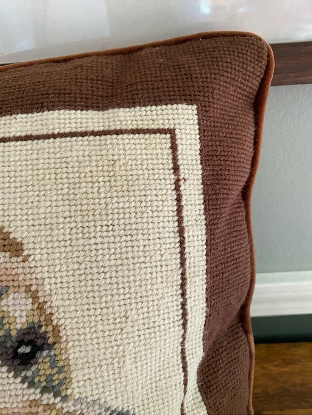 Yellow Labrador Retriever Needlepoint Throw Pillow Brown Velvet